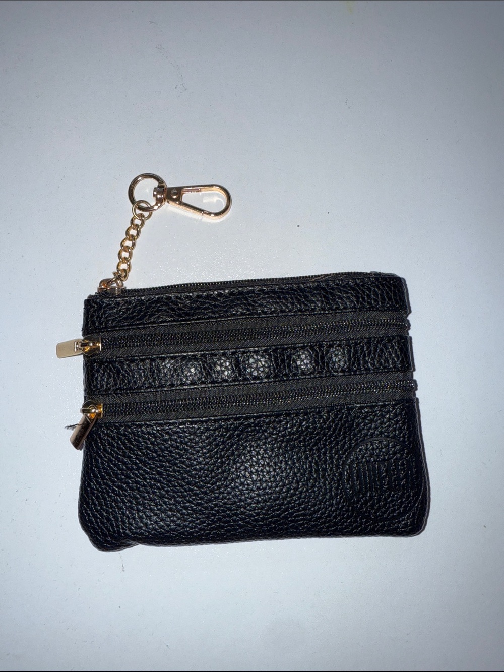 Black Pebbled Zip Coin Pouch with Gold Key Clip